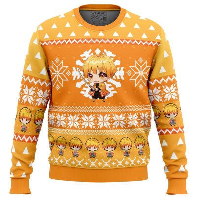Chibi Christmas Zenitsu Agatsuma DS PC Ugly Christmas Sweater front mockup - Anime Ugly Sweater