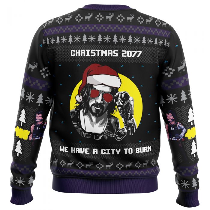 Christmas 2077 CF PC men sweatshirt BACK mockup - Anime Ugly Sweater