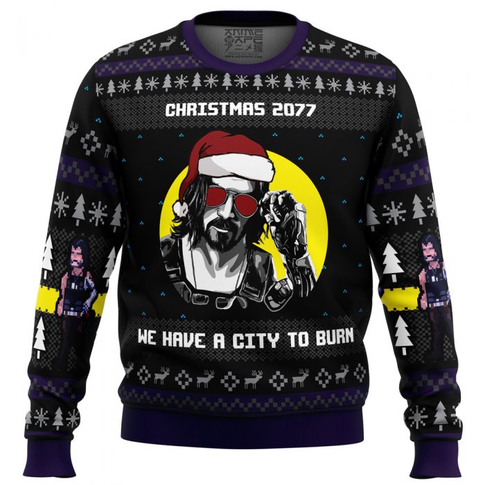 Christmas 2077 CF PC men sweatshirt FRONT mockup - Anime Ugly Sweater