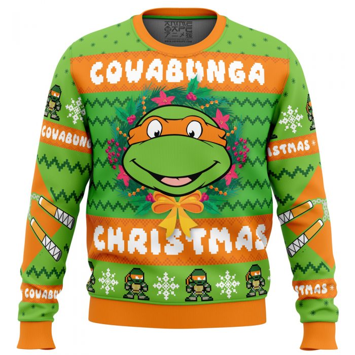 Cowabunga Michaelangelo Christmas TMNT PC men sweatshirt FRONT mockup - Anime Ugly Sweater