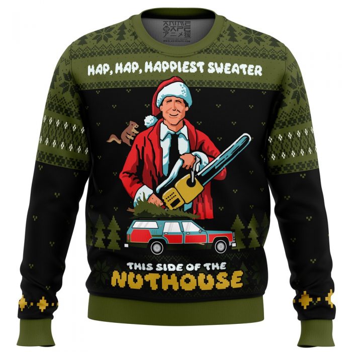 Happiest Sweater of the Nuthouse NLCV PC Ugly Christmas Sweater front mockup - Anime Ugly Sweater