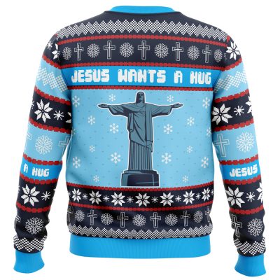 Jesus Wants a Hug H PC Ugly Christmas Sweater BACK mockup 1 - Anime Ugly Sweater