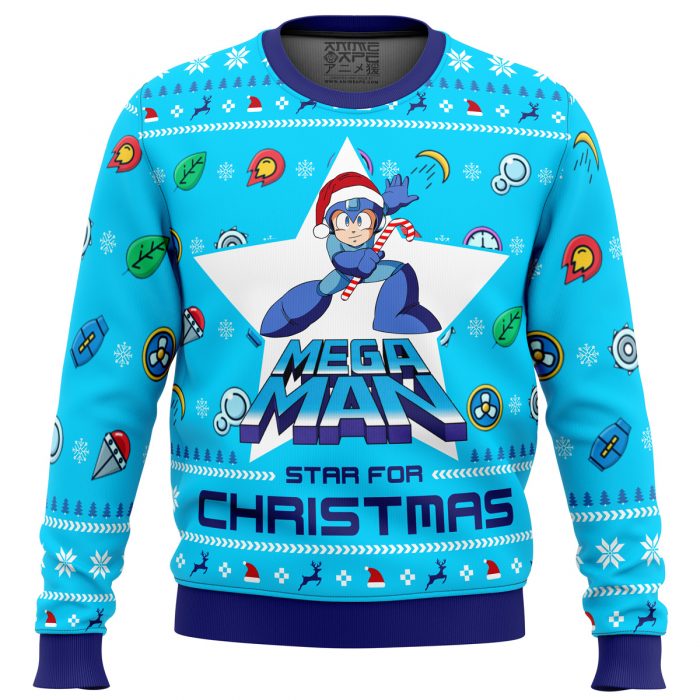 Mega Christmas Mega Man men sweatshirt FRONT mockup - Anime Ugly Sweater