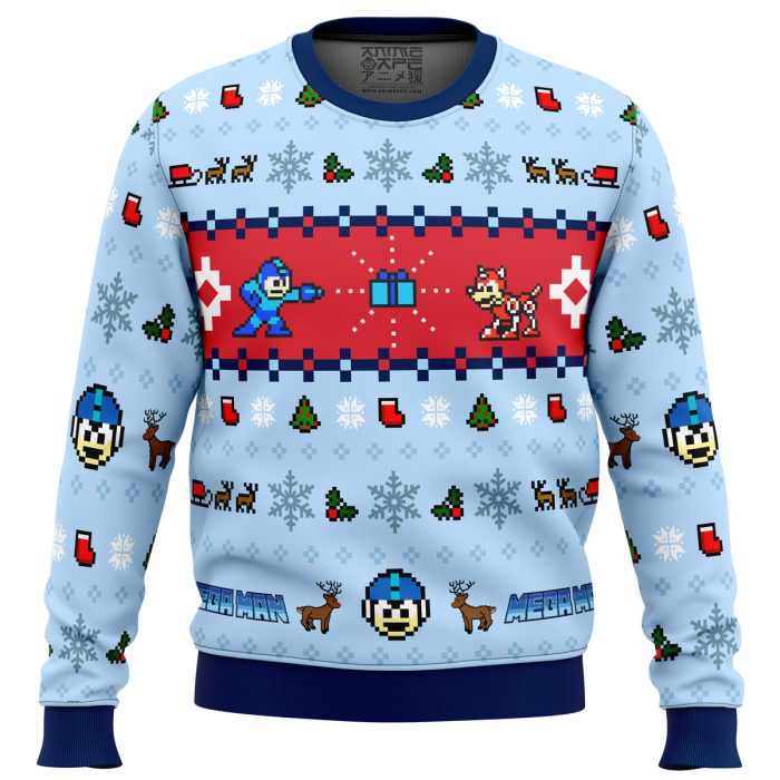 Mega Holiday Mega Man men sweatshirt FRONT mockup - Anime Ugly Sweater