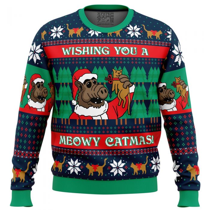 Meowy Catmas Alf PC Ugly Christmas Sweater front mockup - Anime Ugly Sweater