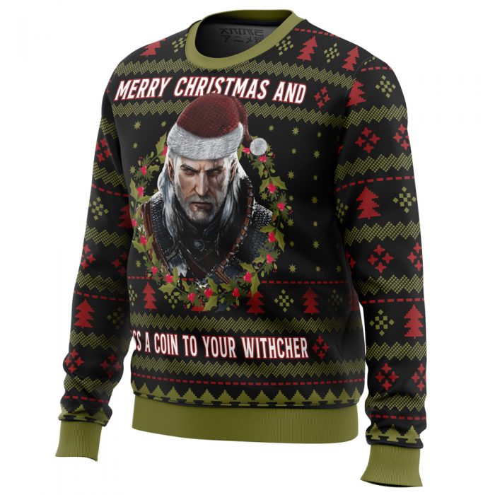 Merry Christmas and Toss a Coin The Witcher men sweatshirt SIDE FRONT mockup - Anime Ugly Sweater