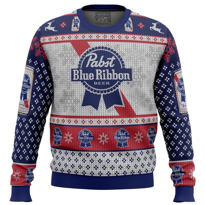 Pabst Blue Ribbon Beer men sweatshirt FRONT mockup - Anime Ugly Sweater