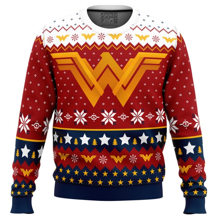 Wonder Woman Christmas Super Heroes men sweatshirt FRONT mockup - Anime Ugly Sweater